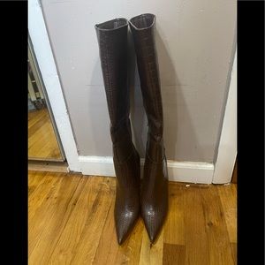 Aimi Chocolate Croc Knee High Stiletto Heel Boots